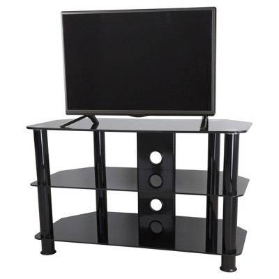 Sleek Black Stainless Steel and Tempered Glass Corner TV Stand