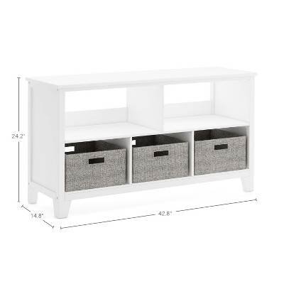 Creamy White Wooden Kids' Low Bookcase with Fabric Bins