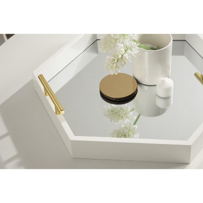 White and Gold Hexagon Wood Accent Tray with Mirror