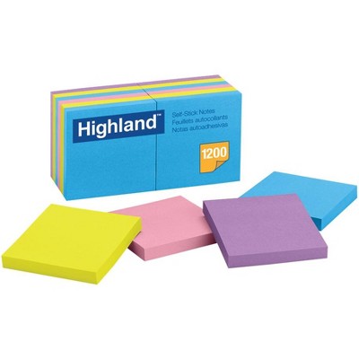Highland Self-Stick Notes, 3 x 3 Inches, Bright Colors, Pad of 100 Sheets, pk of 12