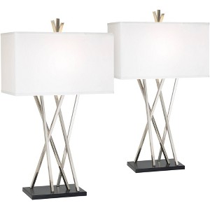 Possini Euro Design Asymmetry 30" Tall Large Modern End Table Lamps Set of 2 Silver Brushed Steel Finish Metal White Shade Living Room Bedroom Bedside - 1 of 4
