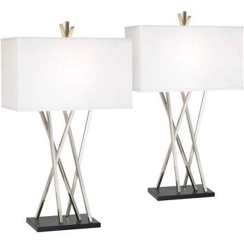 Possini Euro Design Asymmetry 30" Tall Large Modern End Table Lamps Set of 2 Silver Brushed Steel Finish Metal White Shade Living Room Bedroom Bedside