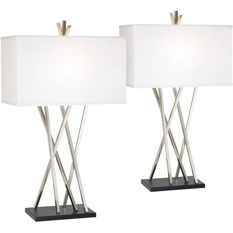 Possini Euro Design Asymmetry 30" Tall Large Modern End Table Lamps Set of 2 Silver Brushed Steel Finish Metal White Shade Living Room Bedroom Bedside, 1 of 9