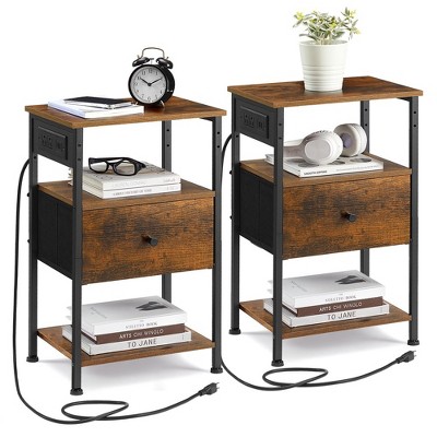 Brown Particle Board and Iron 2-Drawer Nightstand Set with Charging Station
