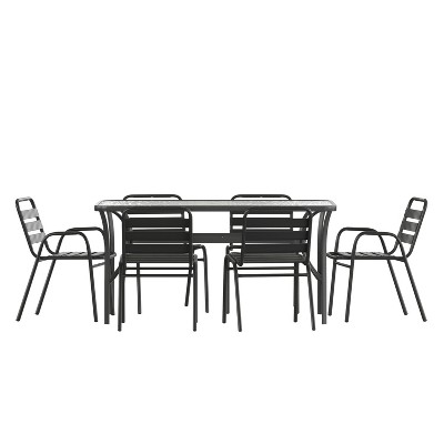 Merrick Lane 7PC Outdoor Dining Set with Glass Table, 4 Chairs, 2 Chairs with Arms in Black