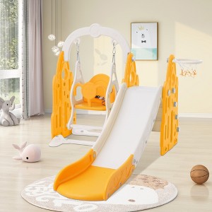 Garvee 4 In 1 Toddler Slide And Swing Set Kids Freestanding Climber Slide Playset With Basketball Hoop Rocket Themed Slide For Birthday Gifts, Yellow - 1 of 4