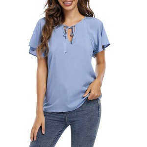 Womens Shirts Front Tie V Neck Tops Summer Short Ruffled Sleeve Drawstring Casual T-Shirts Blouses - 1 of 4