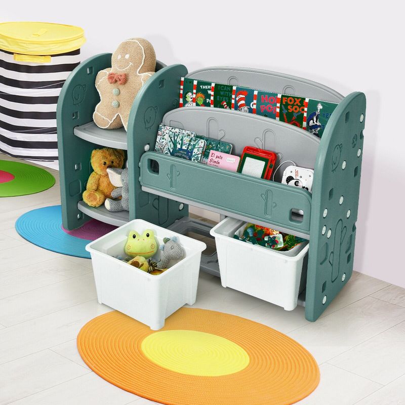 Costway Kids Toy Storage Organizer w/ 2-Tier Bookshelf & Plastic Bins, 3 of 11