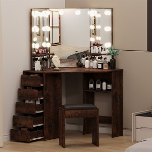 Corner Vanity Desk Set with 3 Lighted Mirrors, Makeup Vanity Table with Charging Station, Dressing Table with Drawers Storage Bench for Bedroom - 1 of 4