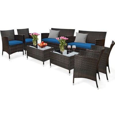 Tangkula 8PCS Patio Rattan Conversation Furniture Set Outdoor w/ Peacock Blue Cushion