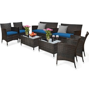 Tangkula 8PCS Patio Rattan Conversation Furniture Set Outdoor w/ Peacock Blue Cushion - 1 of 4