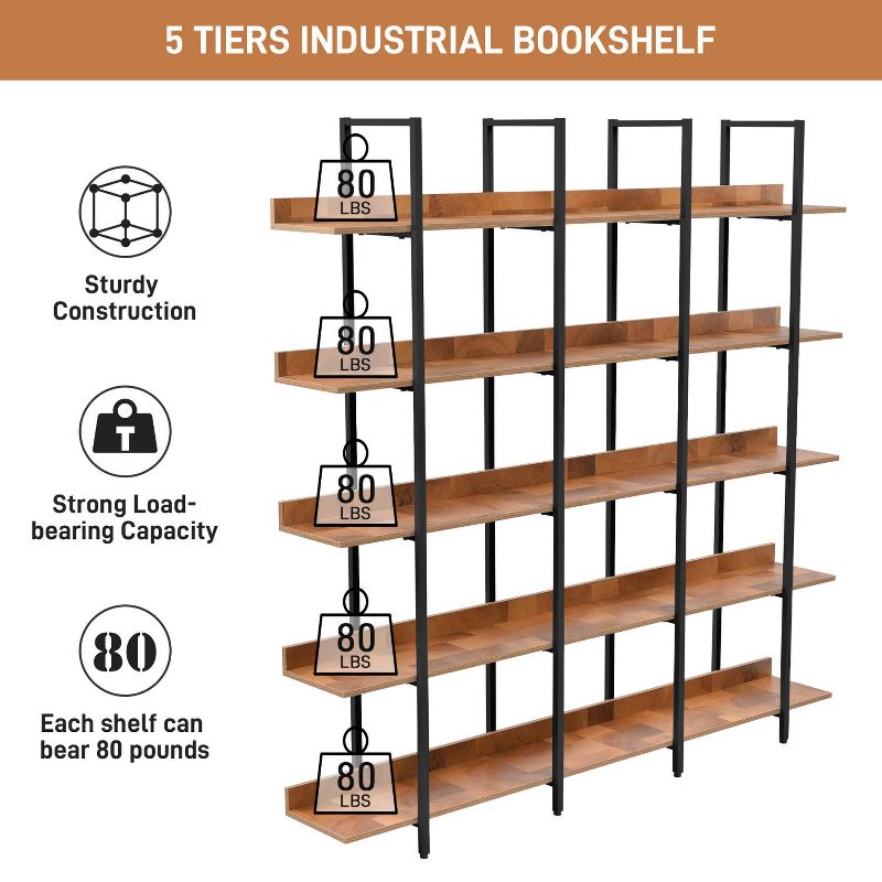 5 Tier Bookcase Home Office Open Bookshelf, Vintage Industrial Style Shelf Wood and Metal Etagere Bookshelves for Home Decor Display-The Pop Home, 5 of 12