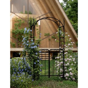 GustoWave 95"H Garden Arch Arbor with Gate, Metal Arch Trellis, Garden Archway for Climbing Vines, Wedding Decoration, Black - 1 of 4