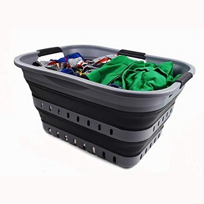 Gray and Slate Gray Collapsible Plastic Laundry Basket with Handles