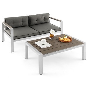 Tangkula 2 Pieces Outdoor Aluminum Loveseat & Coffee Table Set w/ Cushions Patio Furniture Set - 1 of 3