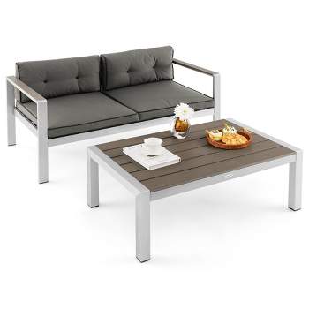 Tangkula 2 Pieces Outdoor Aluminum Loveseat & Coffee Table Set w/ Cushions Patio Furniture Set