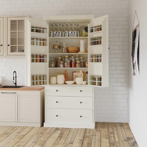 77" Farmhouse Kitchen Pantry Cabinet, Freestanding Tall Cupboard with 3 Adjustable Shelves, 8 Door Racks & 3 Drawers - 1 of 4