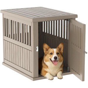 FONTOI Dog House Medium Size Resin Dog Kennel Furniture Weatherproof End Table for Indoor Living Spaces Outdoor Patios, Brown, 29.65"*21.34"*25.28" - 1 of 4