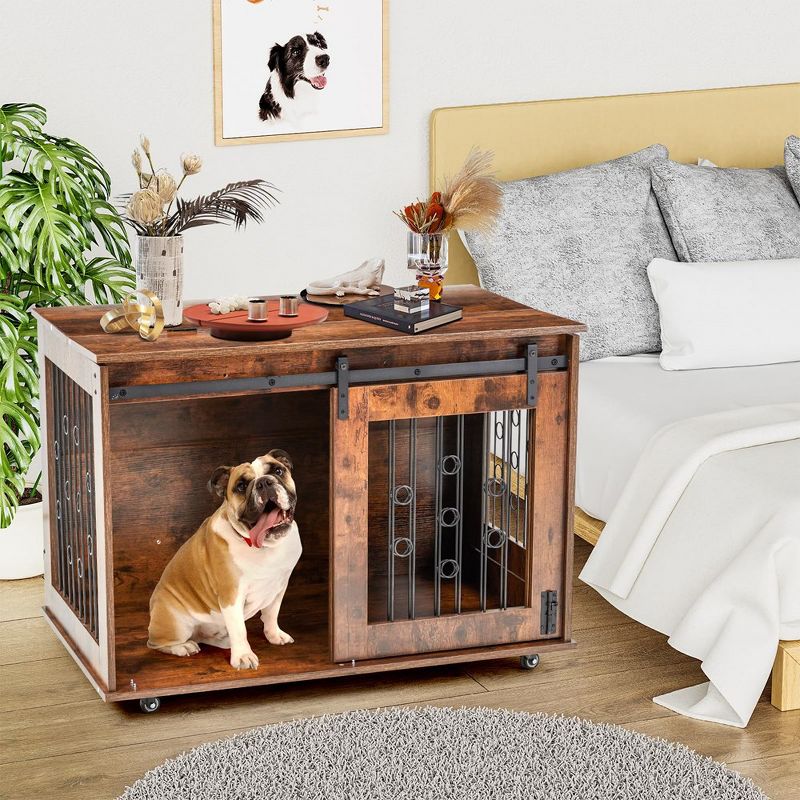 Double Dog Crate with Divider Sliding Barn Door, 39" Wooden Dog Kennel End Table with Wheels Indoor Dog House 39.37”Wx25.2”Dx28.94”H, 4 of 7