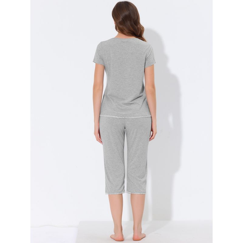 cheibear Women's Sleepwear Pajama Set Nightwear Round Neck Loungewear with Capri Pants, 3 of 6