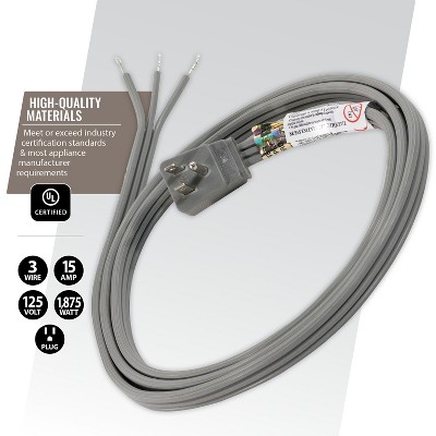 Certified 15-Amp Gray Appliance Power Cord with Right-Angle Plug, 5 Feet