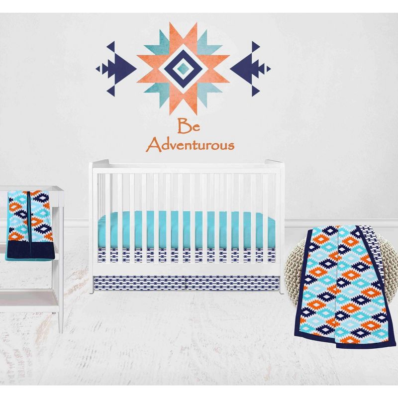 Bacati - Aztec Print Liam Aqua Orange Navy 4 pc Crib Bedding Set with Diaper Caddy, 1 of 9