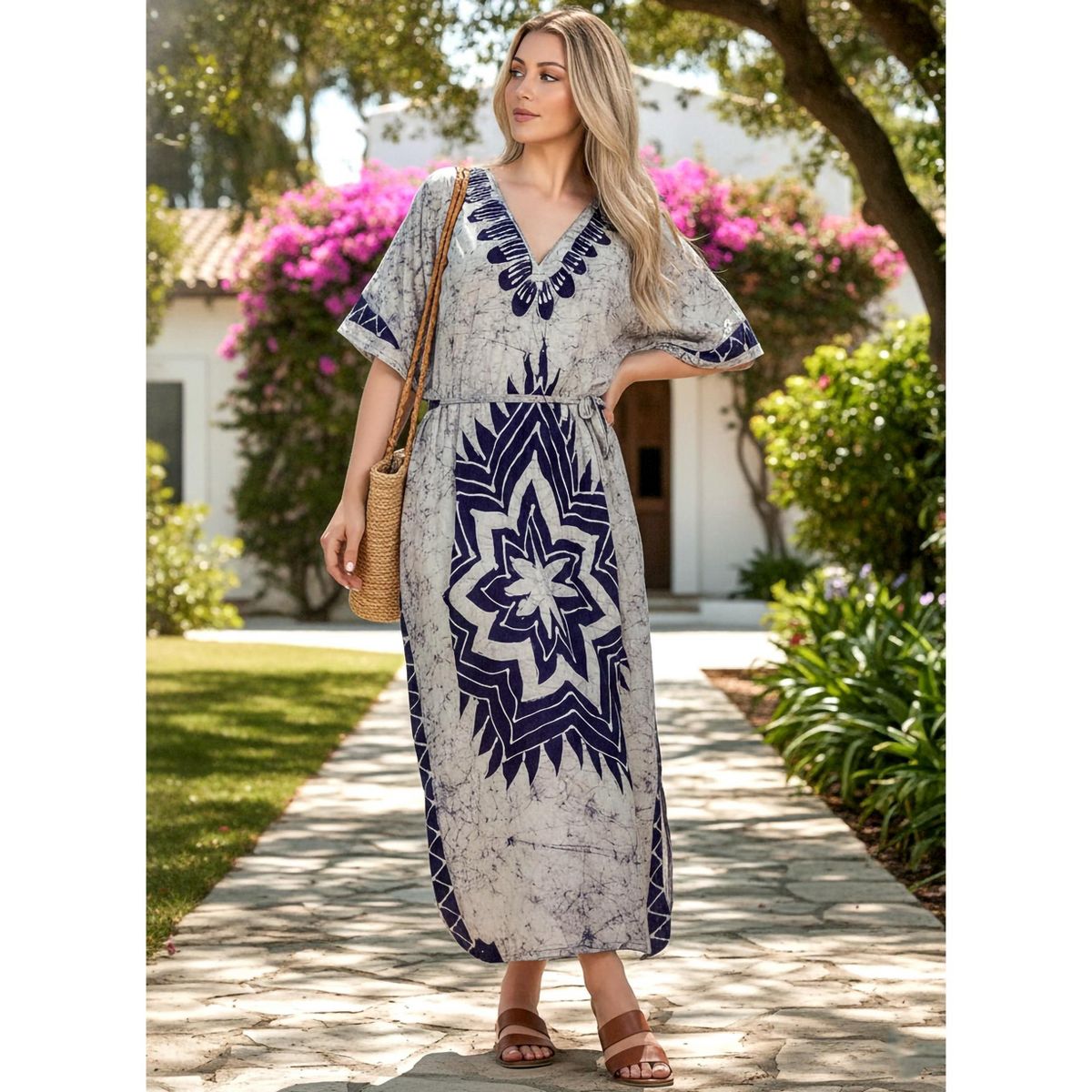 LA LEELA Summer Cotton Women Resort Lounge Caftan Dress Cruise Vacation Holiday Cover Up Travel Style 2X-3X Blue Star - thumbnail 3