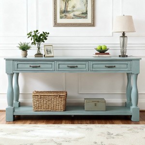 Hostack 63'' Long Console Table with 3 Drawers and 1 Bottom Shelf for Entryway and Hallway, Retro Blue - 1 of 4