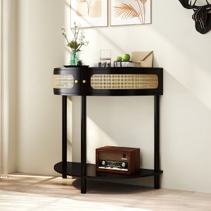 LOVSON Semi-circular entryway console with two rattan storage compartments and bottom shelf, suitable for living rooms, bedrooms, studies,hallways - 1 of 4