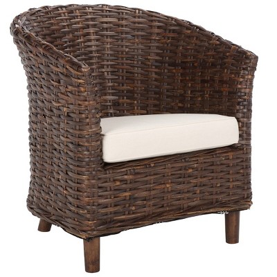 Transitional Rattan and Mango Wood Barrel Chair with Cushion - Brown