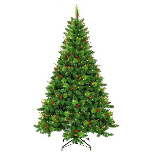7ft Jeco Inc. Pre-Lit Berrywood Pine Artificial Christmas Tree: Clear Lights, Easy Setup, Indoor Use - 1 of 1