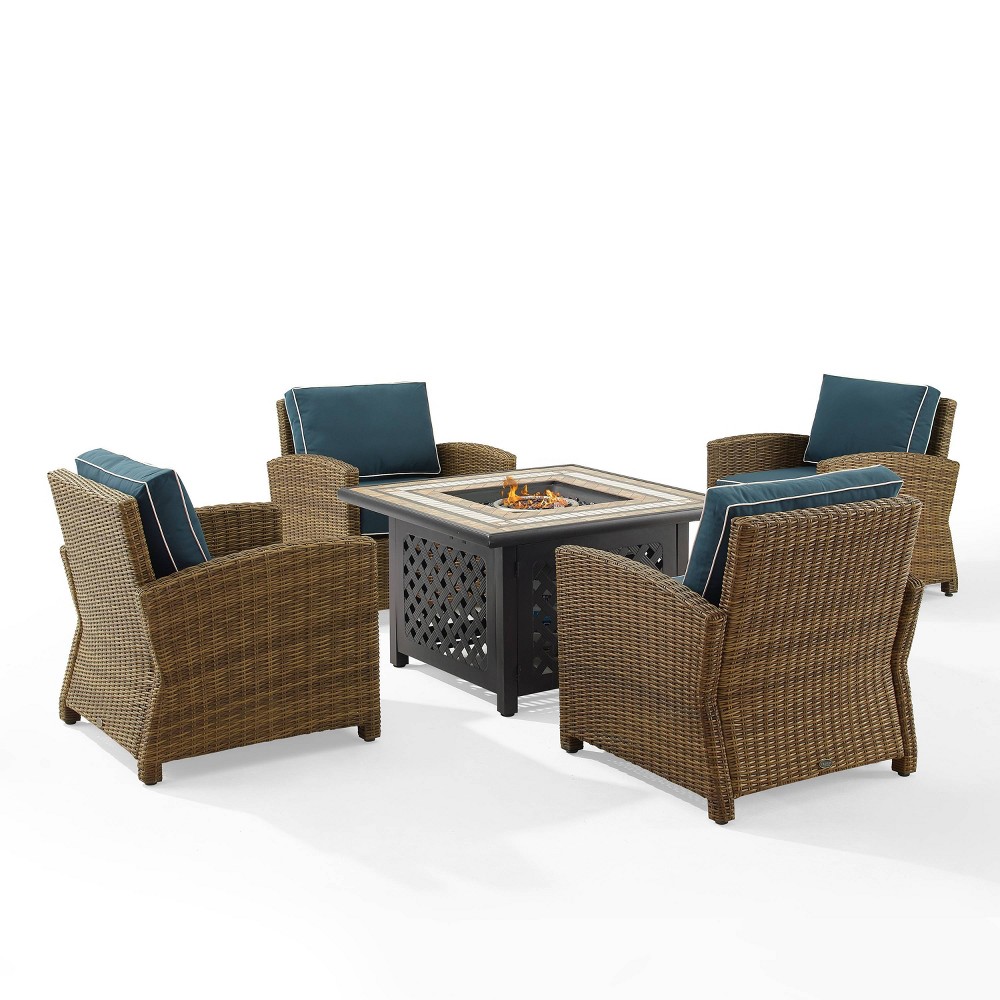 Photos - Garden Furniture Crosley Bradenton 5pc Outdoor Wicker Arm Chair & Fire Table Set - Navy/Weathered B 