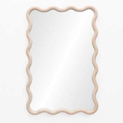 LuxenHome Wavy Rectangular Wall Mirror 39" x 26" Large Natural Pine Wood Scalloped Frame Decorative Mirror for Bathroom Bedroom Entryway Brown