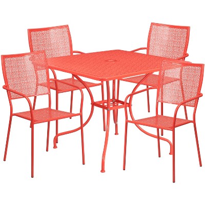 Flash Furniture Oia Commercial Grade 35.5" Square Coral Indoor-Outdoor Steel Patio Table Set with 4 Square Back Chairs
