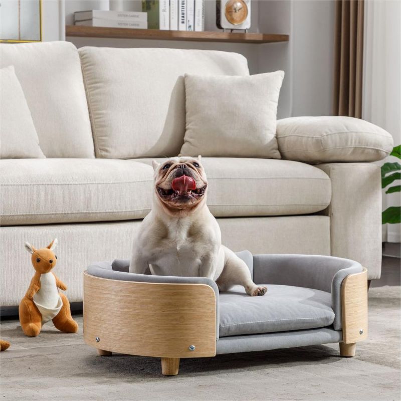 Bulldog Large Dog Beds With Removable Washable Cover, Velvet Cushion With Solid Wood legs and Bent Wood Back-The Pop Maison, 3 of 9