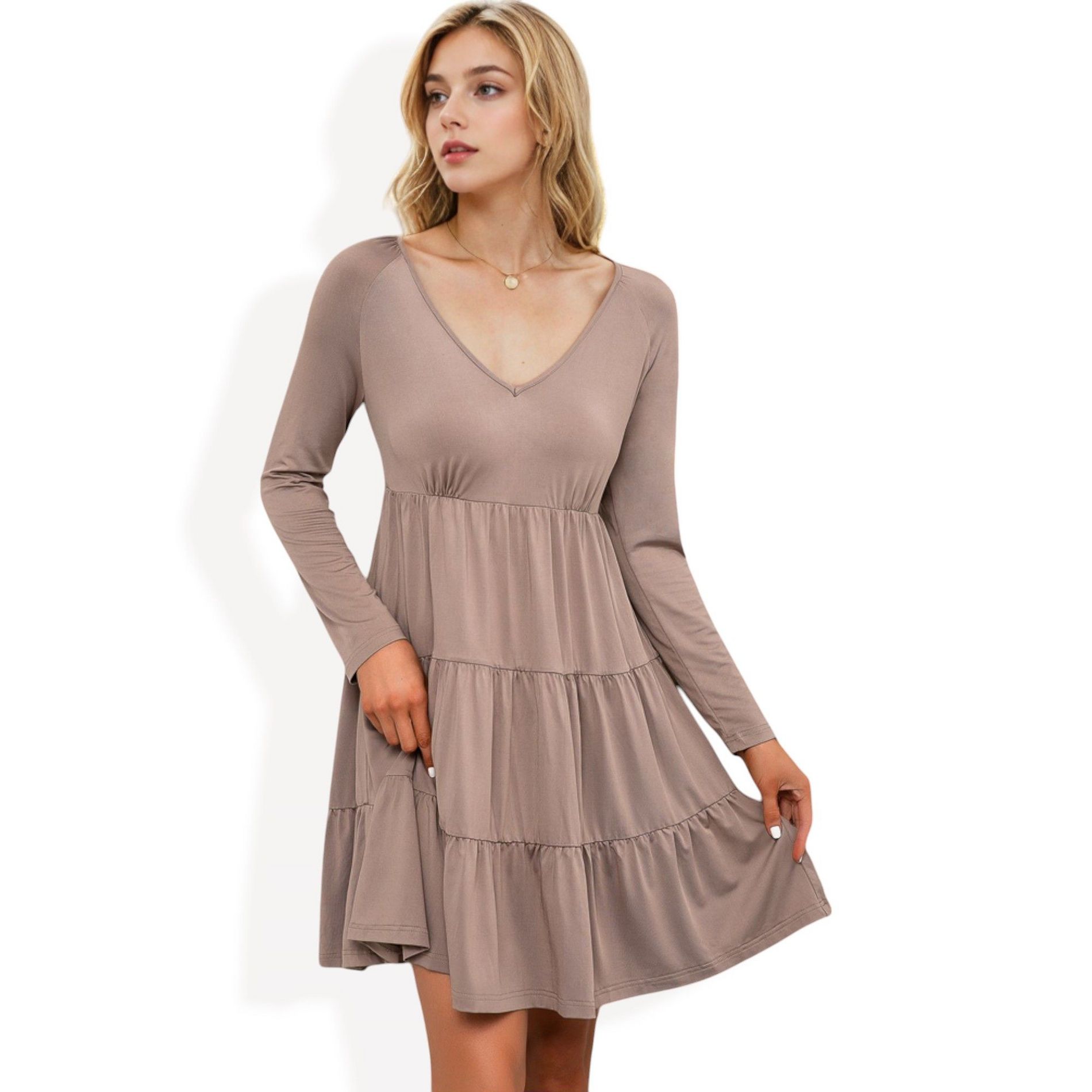 Anna-Kaci Women's Tiered Mini Dress with V-Neckline - Large, Khaki