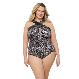 Aqua Green, Women's Novelty Trim High Neck One Piece - 1 of 3