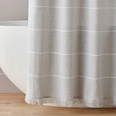 Gray and Cream Cotton Blend Striped Shower Curtain with Fringe