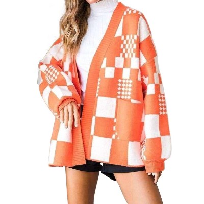 Women's Checkered Color Block Open Midi Sweater With Pockets - JADE BY JANE
