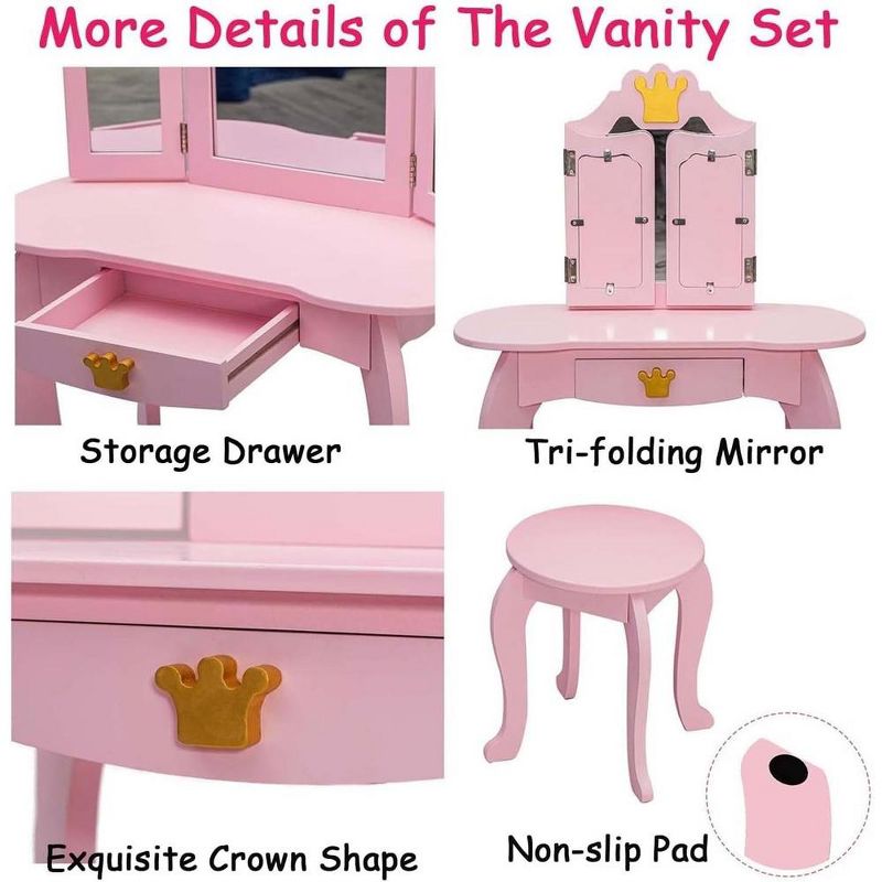 Trinity 2-in-1Princess Vanity Set--Princess Makeup Table with Mirror,Stool,Tri-Folding Mirror & Drawer (Pink), 3 of 8