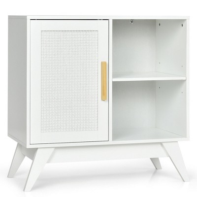 Costway Storage Cabinet Free Standing w/Adjustable Shelves Weaved Door White