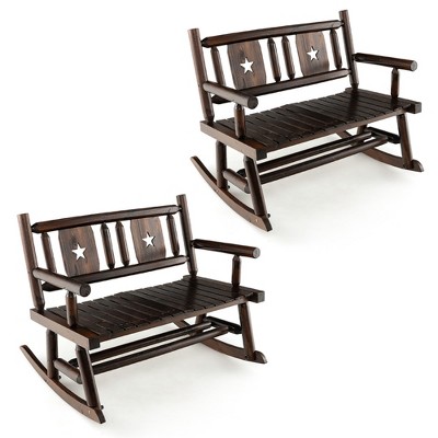 Tangkula 2PCS Carbonized Wood Rocking Bench Double Rocking Chair for 2 Persons w/ Wide Curved Seat