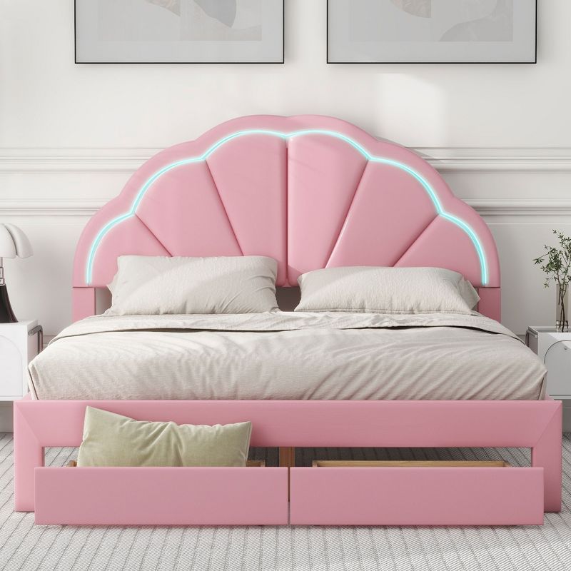 Full/Queen Size Upholstered Platform Bed with Seashell Shaped Headboard, LED and 2 Drawers - ModernLuxe, 2 of 10