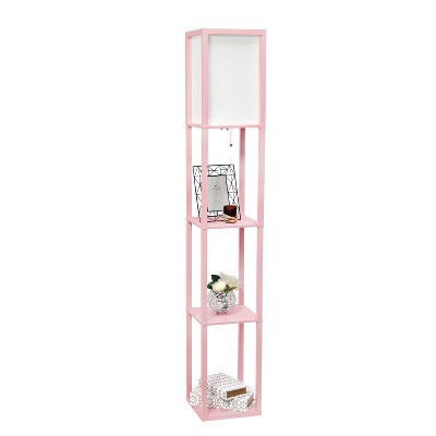 Elegant Light Pink Column Floor Lamp with Linen Shade and Display Shelves