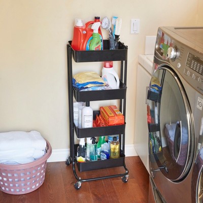Black 4-Tier Metal Rolling Utility Cart with Mesh Baskets