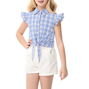 Girls Tie Front Knot Tops with Ruffle Sleeve Plaid Tops Tie Front Blouse Short Sleeve Button Down Shirts for Toddler Girls - 1 of 4