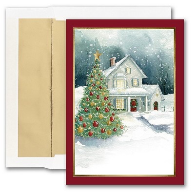 JAM Paper Christmas Cards & Matching Envelopes Set Front Imprint House Scene 6935187
