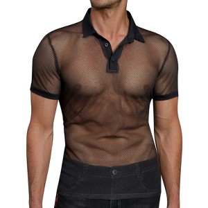 YESFASHION Men's Mesh Fishnet See Through Polo Shirts Muscle T Shirt Workout Transparent Tees Top - 1 of 4