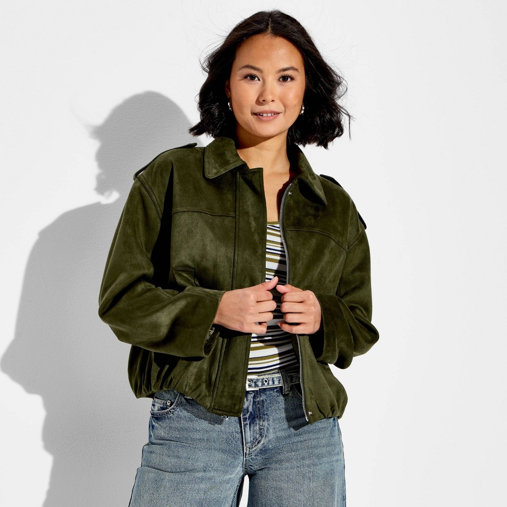 Women's Bubble Hem Faux Suede Jacket - Wild Fable™ Dark Green XXS