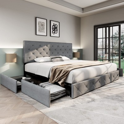 Allewie King Size Upholstered Platform Bed Frame with 4 Storage Drawers, Diamond Stitched Headboard, Wooden Slats, No Box Spring Needed, White